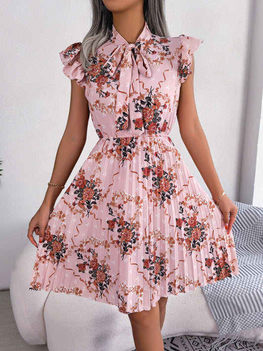 Women's Elegant Flower Tie Waist Swing Pleated Skirt